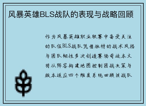 风暴英雄BLS战队的表现与战略回顾