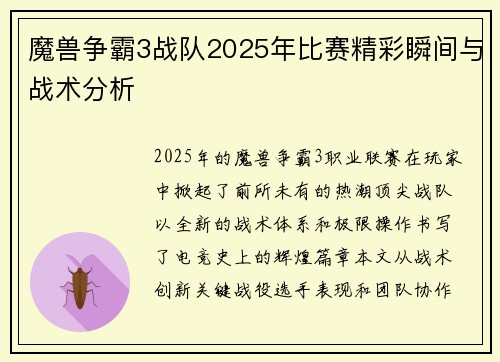 魔兽争霸3战队2025年比赛精彩瞬间与战术分析