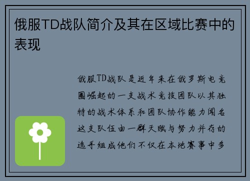 俄服TD战队简介及其在区域比赛中的表现